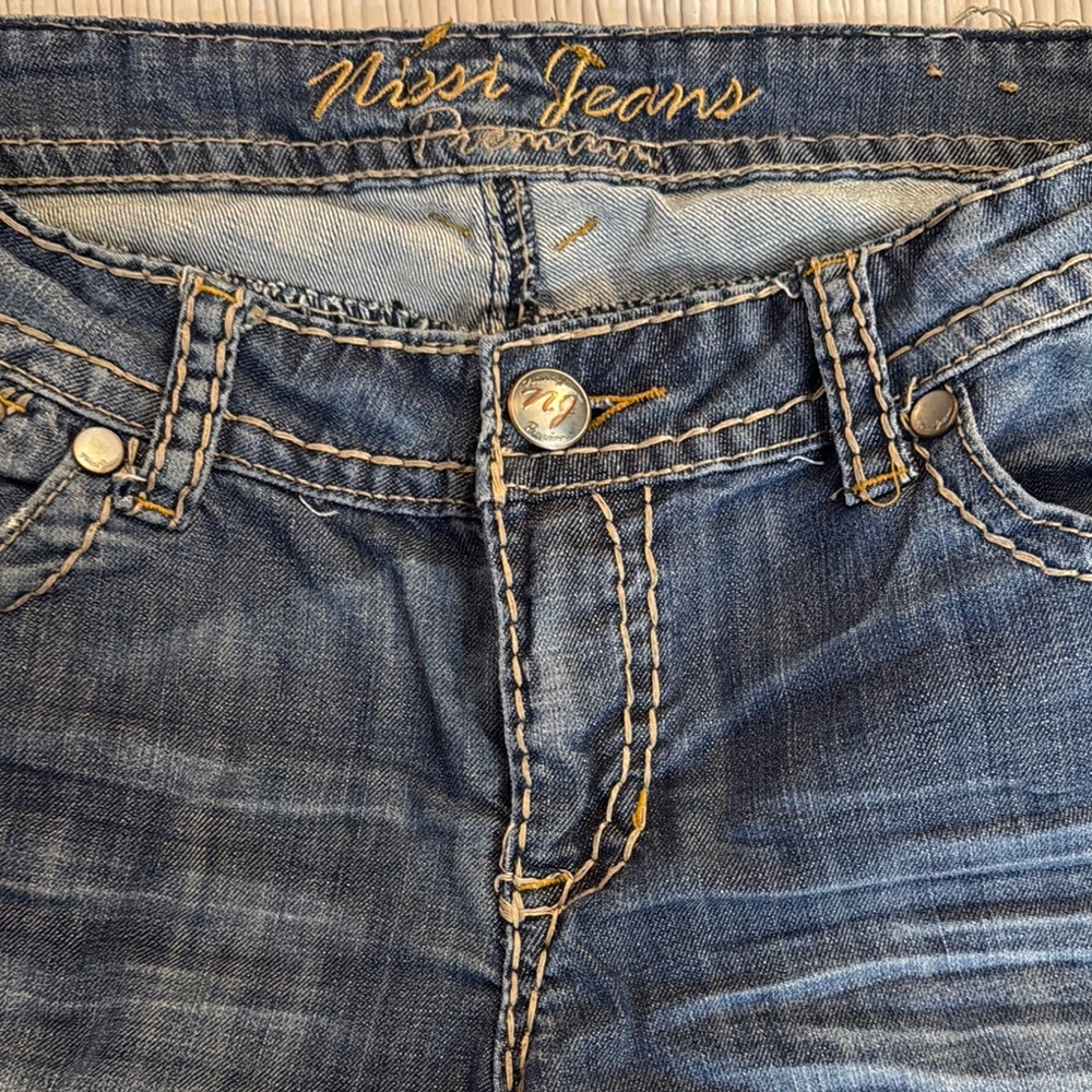 Medium Wash Blue Straight Leg Jeans with Distressing - Picture 3 of 7
